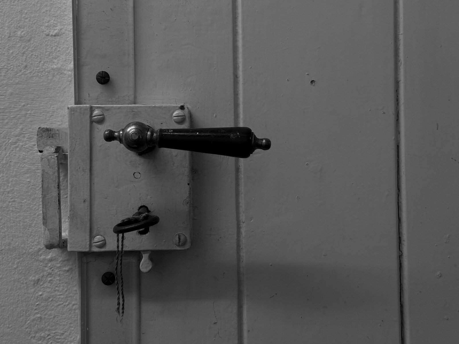 Rim lock and key in a painted timber door